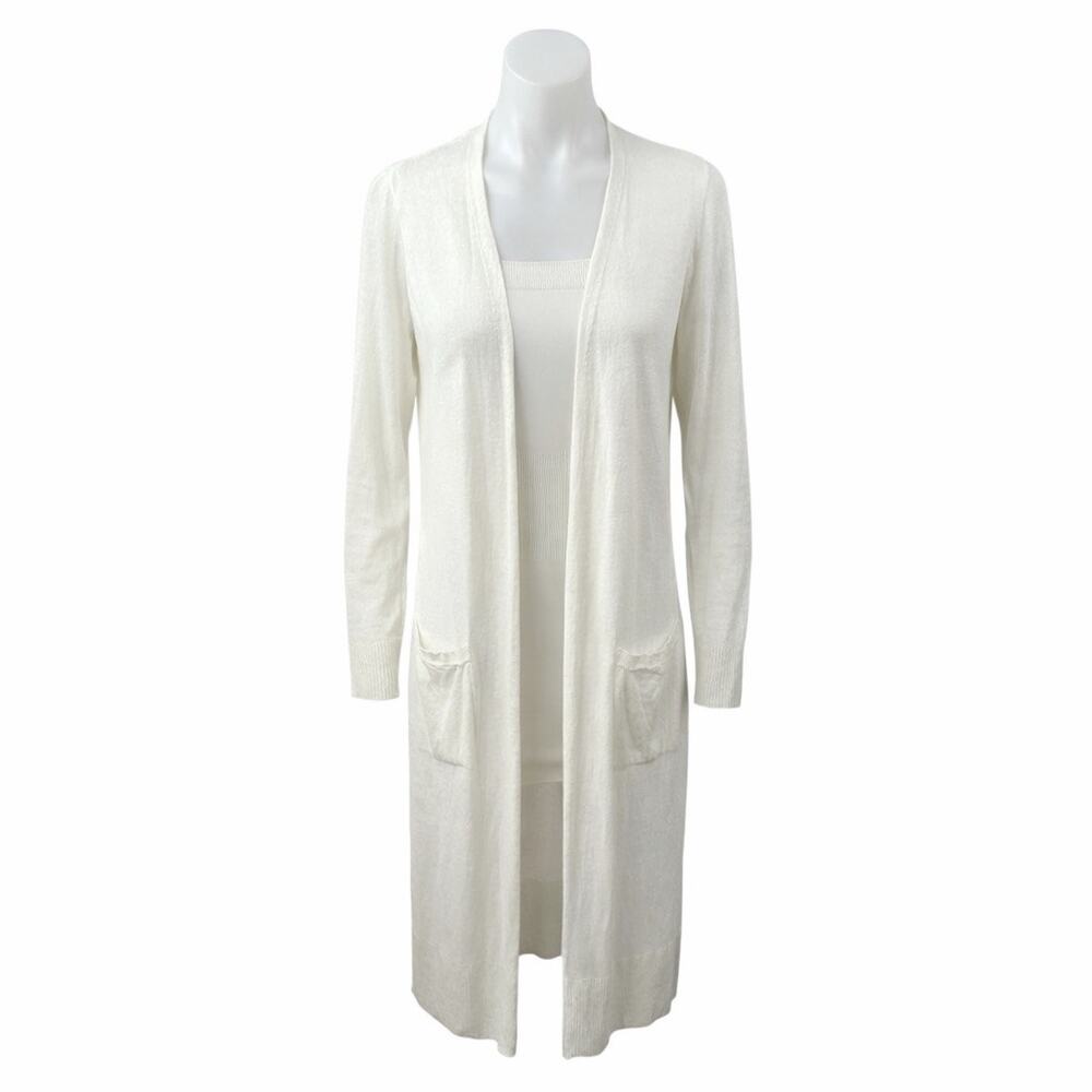 Rachel Zoe Womens White Linen Long Sleeve Longline Duster Cardigan Sweater Top M